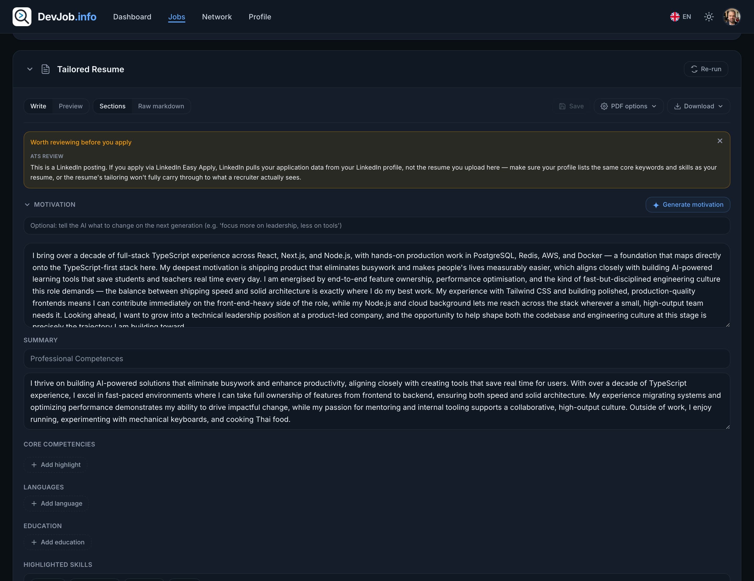 Tailored resume editor with sections, highlighted skills and ATS review
