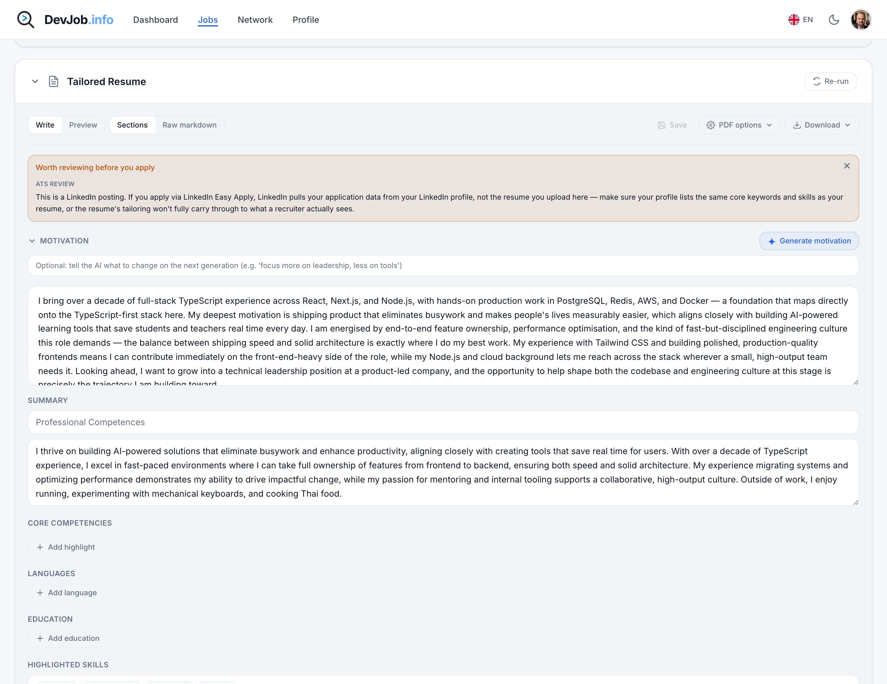 Tailored resume editor with sections, highlighted skills and ATS review