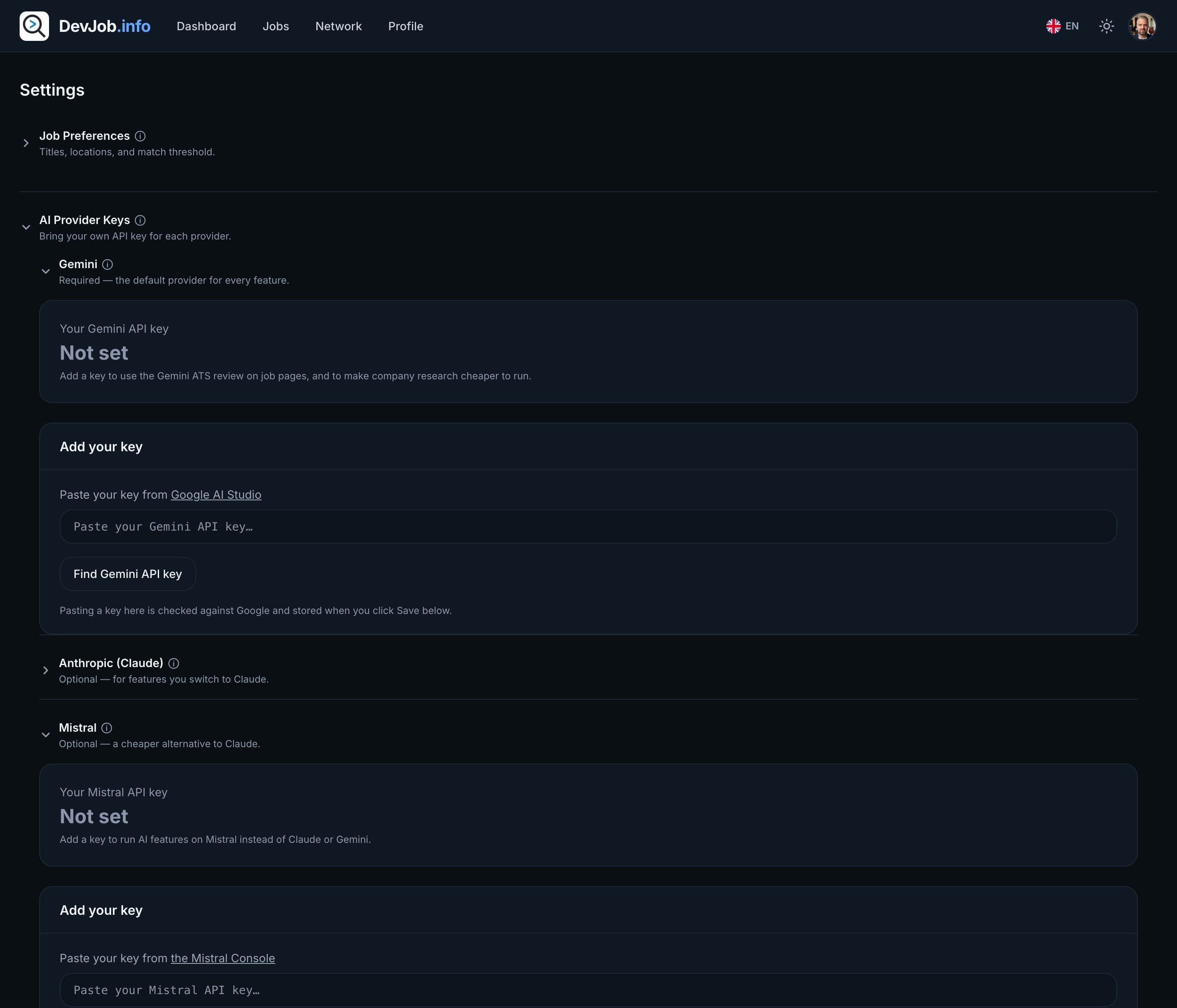 Connecting an AI provider account in settings