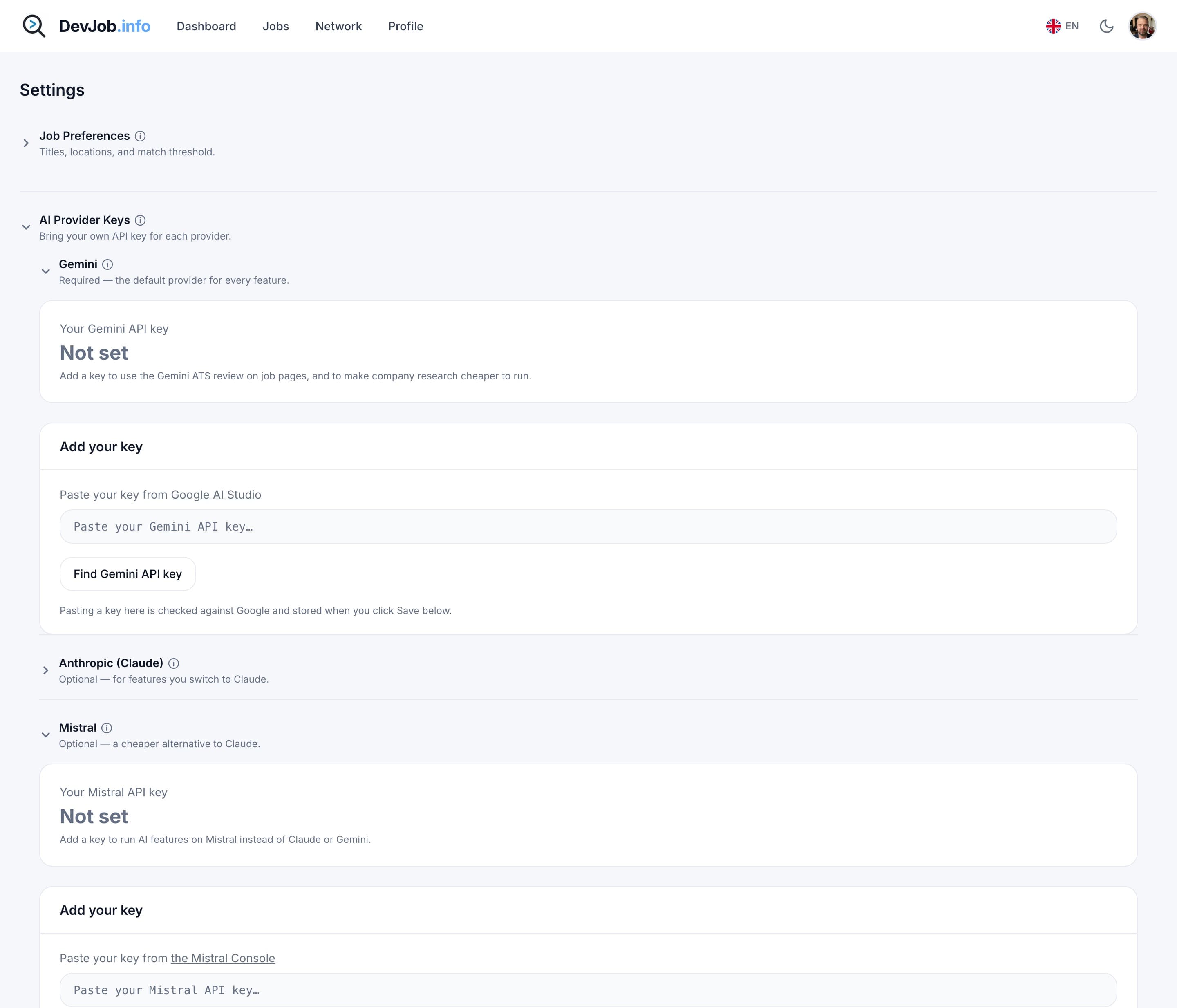 Connecting an AI provider account in settings