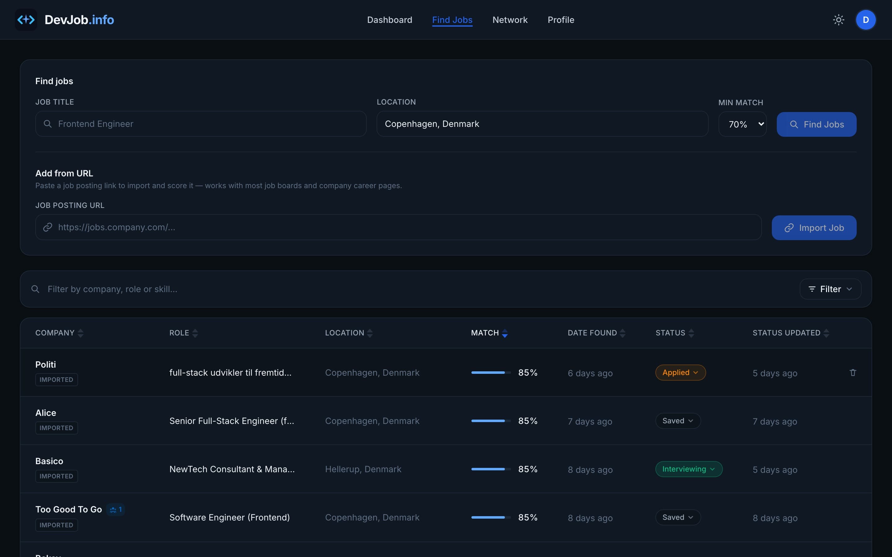 Jobs list with match scores