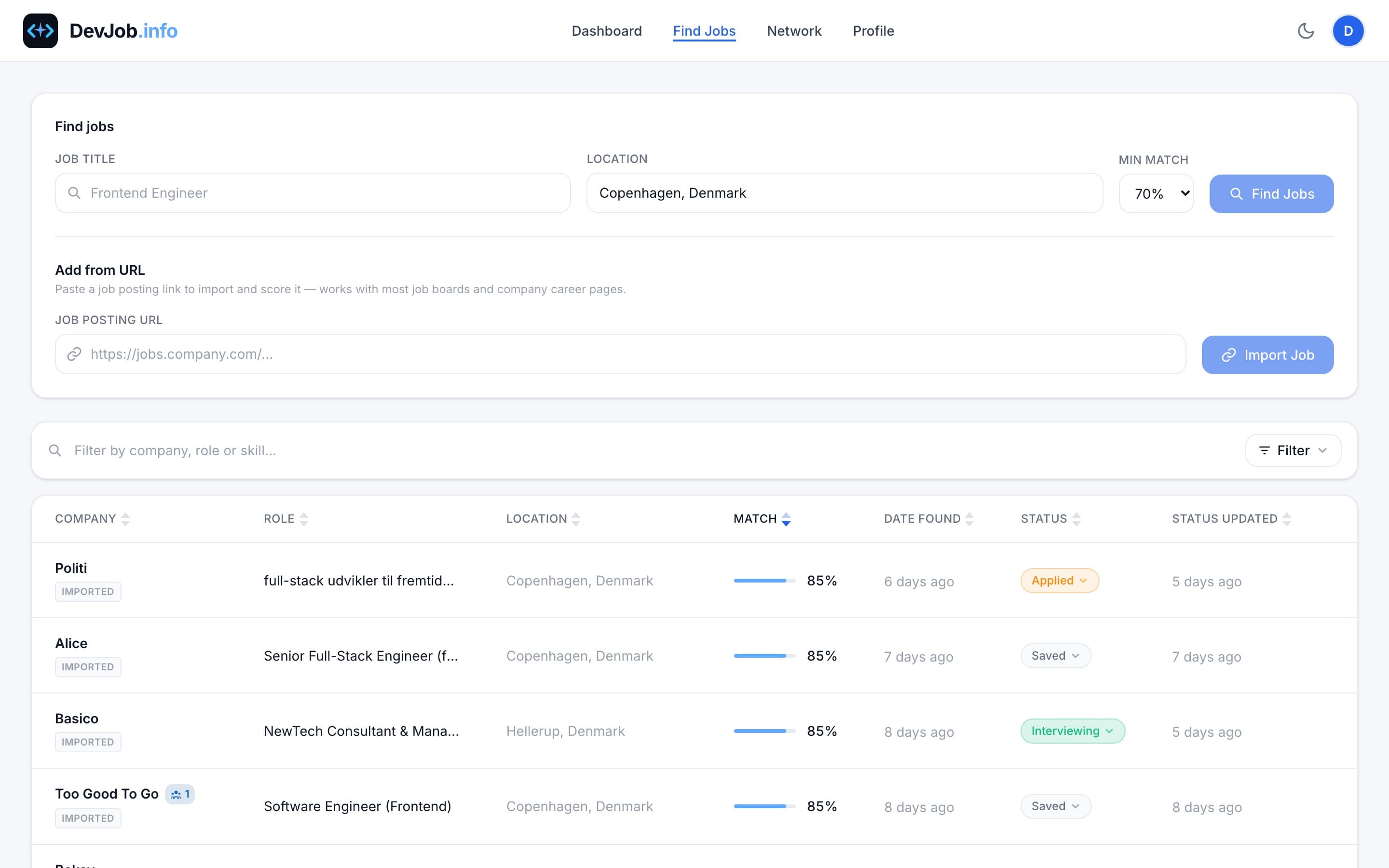 Jobs list with match scores