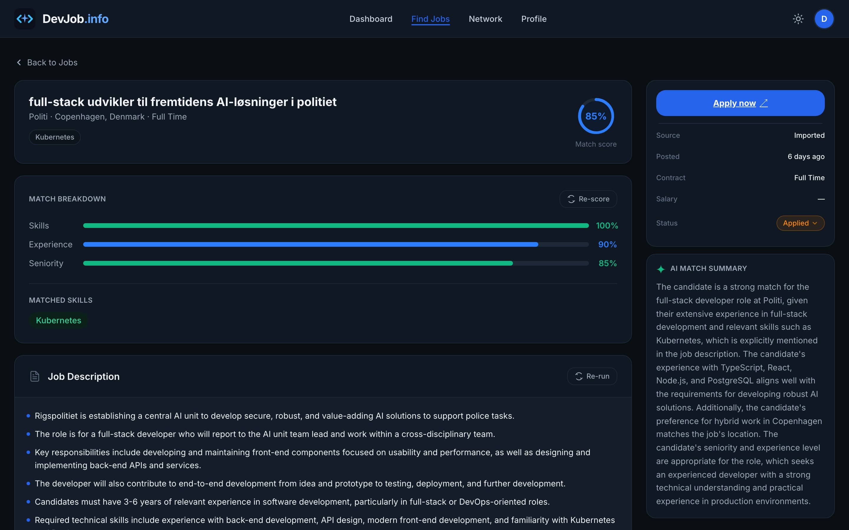DevJobInfo match score and company research