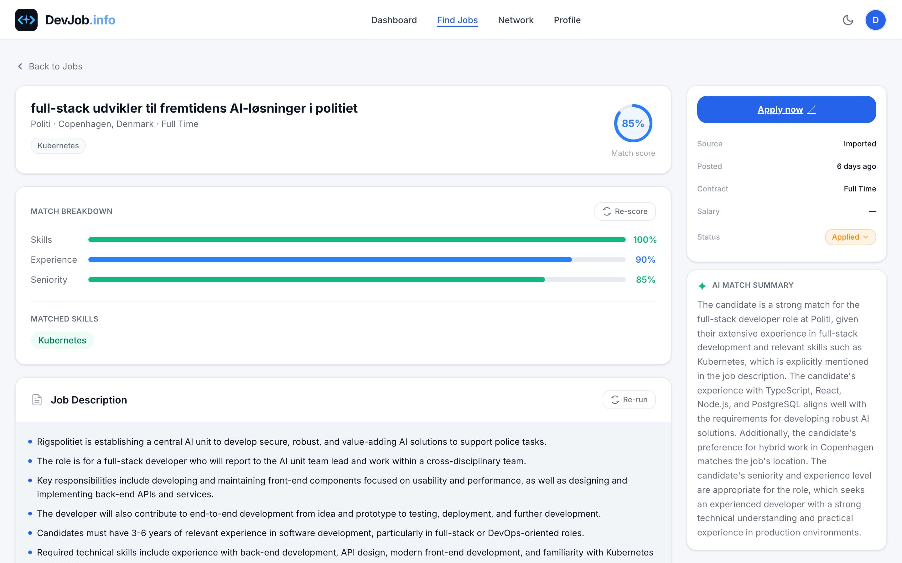 DevJobInfo match score and company research